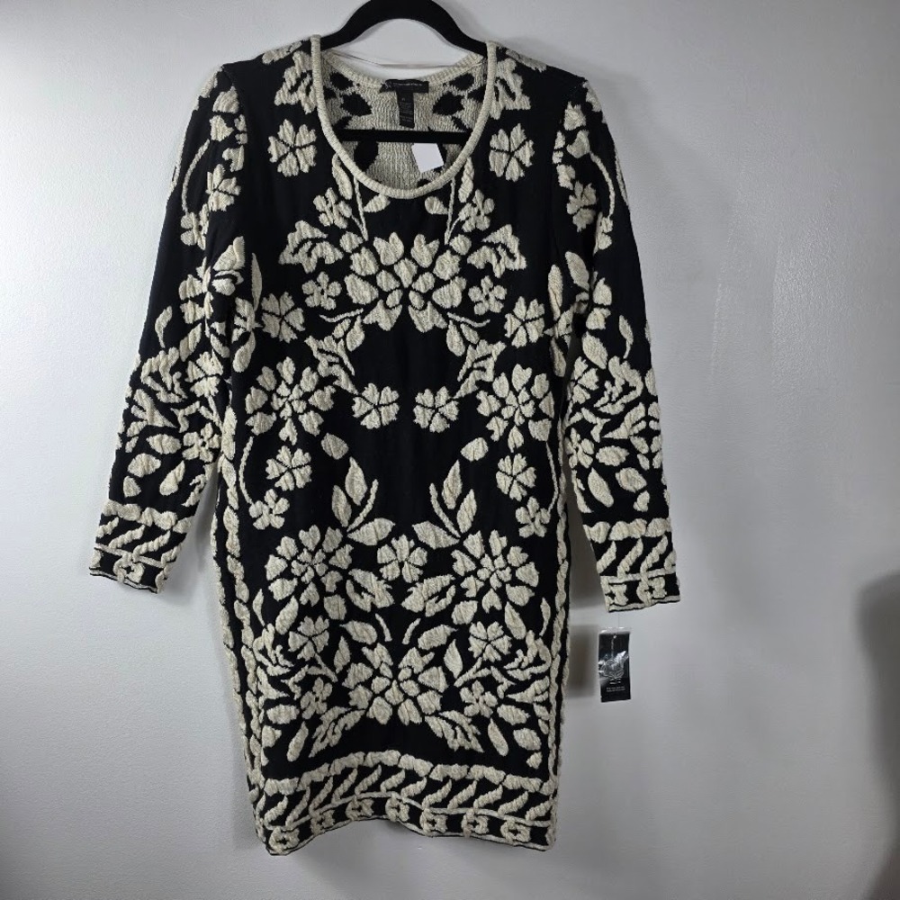 INC International Concepts L Petite Dress Black Cream‎ Floral Sweater Knit